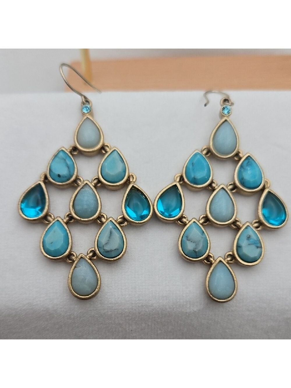 Turquoise Faceted Chandelier Earrings Gold Tone 2” KC Designs